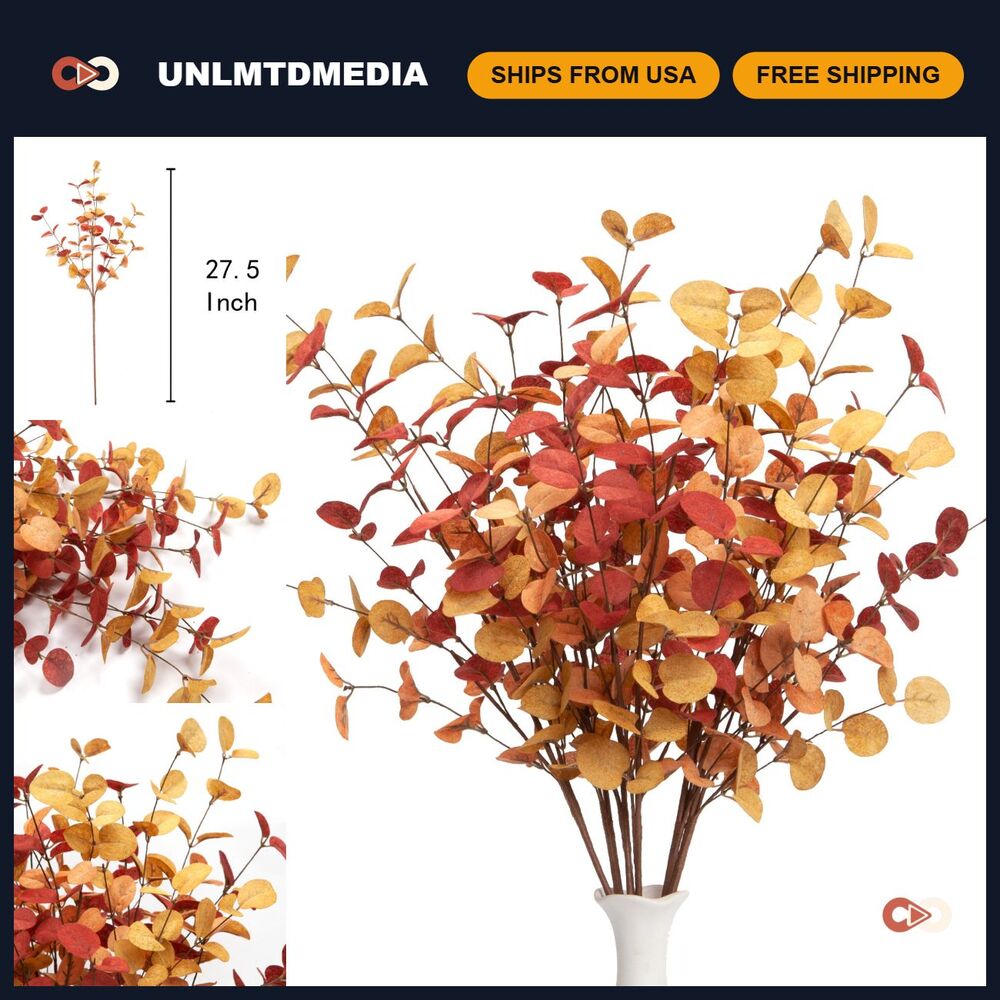 6 Pcs Artificial Eucalyptus Stems - Fall Decor with Autumn Leaves for Home & Off